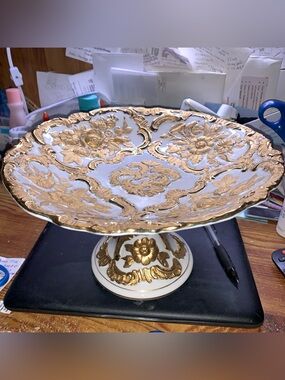 Vintage Charles Sadek Meissen Style Ornate Gold & White Porcelain Cake Stand
